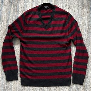 Express Men's V-Neck Sweater - Red/Burgundy and Charcoal Stripes - Small